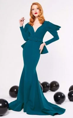 MNM COUTURE - N0315 Cowl Ornate Cutout Long Sleeve Mermaid Gown