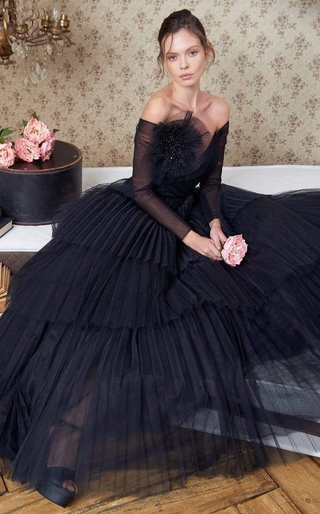 MNM COUTURE - N0342 Floral Accent Long Sleeve Off-Shoulder Ballgown 6 MNM COUTURE - N0342 Floral Accent Long Sleeve Off-Shoulder Ballgown