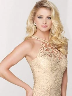 Mon Cheri 115862 Halter Neck Cocktail Dress With Beaded Collar - 1 Pc Champagne In Size 4 Available
