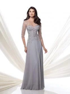 Mon Cheri - 115971 Illusion Quarter Sleeve Beaded Chiffon Dress - 1 Pc Navy In Size 6 Available