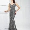 Mon Cheri 217942 Embroidered Ruched Sheath Gown - 1 Pc Smoke In Size 18 Available
