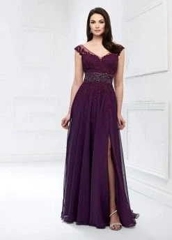 Mon Cheri Beaded Lace V-neck Chiffon A-line Gown 218911 - 1 Pc Purple In Size 6 Available