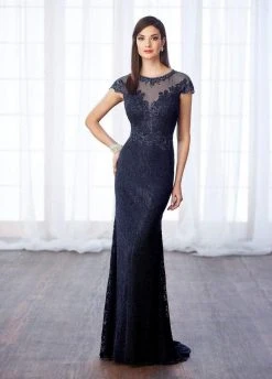 Mon Cheri Beaded Sheer Lace Cap Sleeves Evening Gown 217642