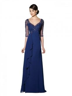Mon Cheri Beaded V-Neck Long Dress In Blue Willow 214689W