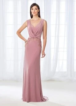 Mon Cheri Draped V-Neck Lace Embellished Gown 118666 - 1 Pc Mink In Size 6 Available