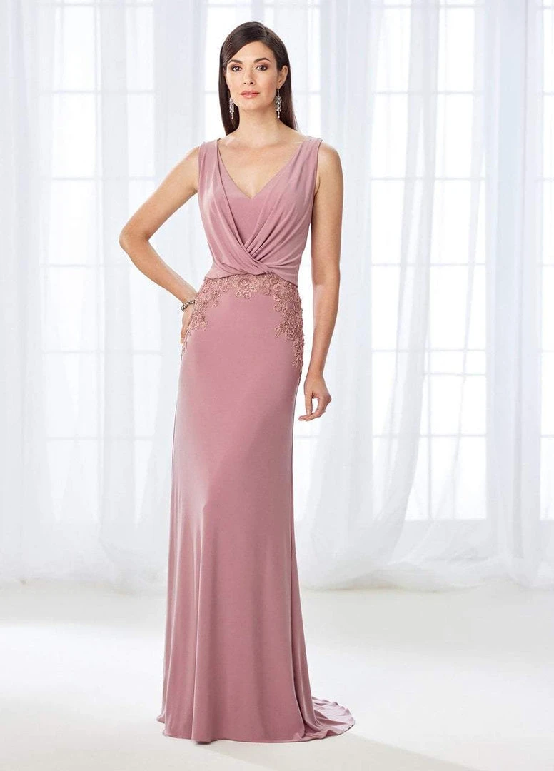 Mon Cheri Draped V-Neck Lace Embellished Gown 118666 - 1 Pc Mink In Size 6 Available 3 Mon Cheri Draped V-Neck Lace Embellished Gown 118666 - 1 Pc Mink In Size 6 Available