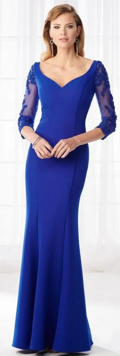 Mon Cheri Fitted V-Neck Seamed Evening Gown 218613