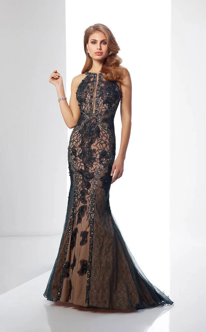 Mon Cheri Halter Illusion Panel Mermaid Gown 3 Mon Cheri Halter Illusion Panel Mermaid Gown