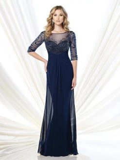 Mon Cheri Hand-beaded Illusion Long Gown In Navy 215919