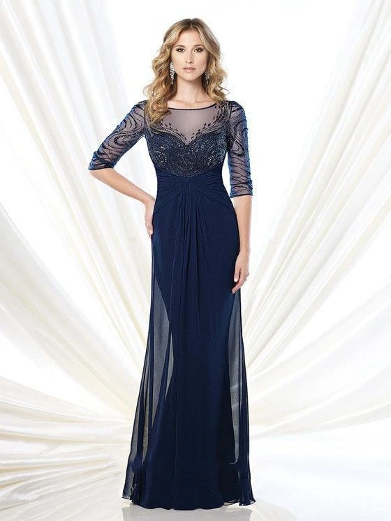 Mon Cheri Hand-beaded Illusion Long Gown In Navy 215919 3 Mon Cheri Hand-beaded Illusion Long Gown In Navy 215919