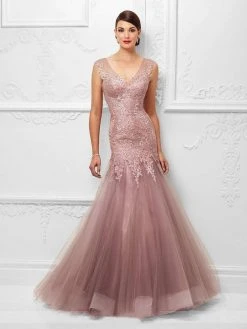 Mon Cheri Illusion Lace Trumpet Gown