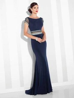 Mon Cheri Illusion Panel Sheath Gown 117624 - 1 Pc Navy In Sizes 4 Available