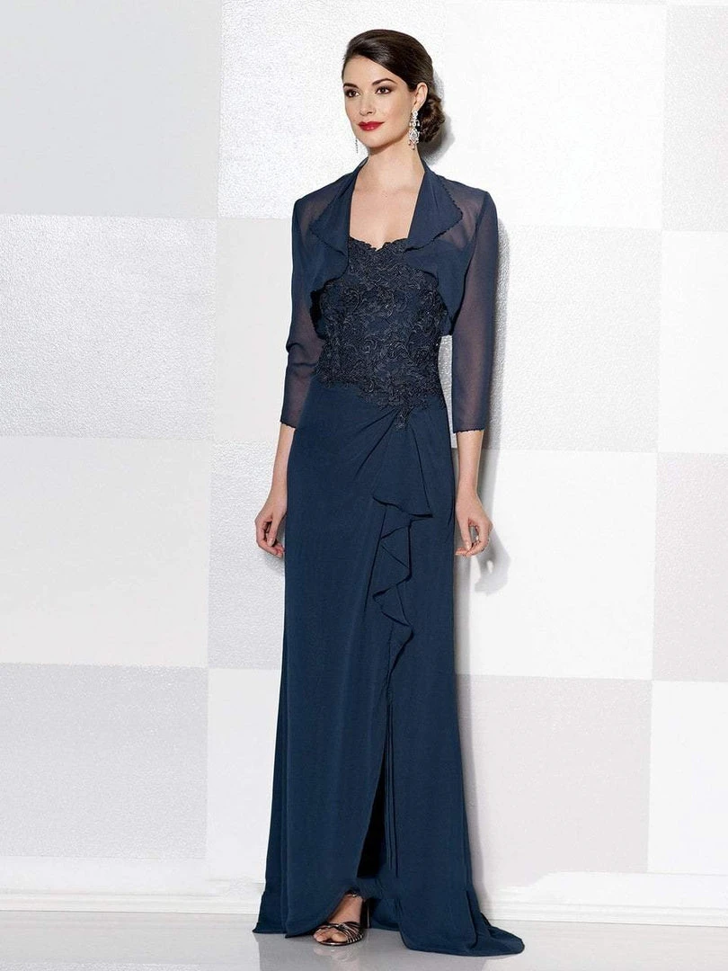Mon Cheri Lace Applique Gown With Bolero In Navy 215631 3 Mon Cheri Lace Applique Gown With Bolero In Navy 215631