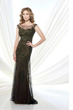Mon Cheri Lace Appliqued Illusion Bateau Evening Dress 215913