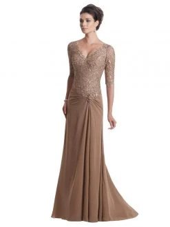 Mon Cheri Lace Bodice V-Neck Gown In Light Coffee 113906