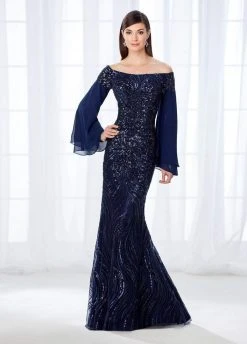 Mon Cheri Long Bell Sleeves Off-Shoulder Gown 118688
