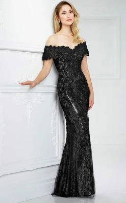 Mon Cheri - Off-the-Shoulder Lace Evening Gown 217941 - 1 Pc Black/Silver In Size 10 Available