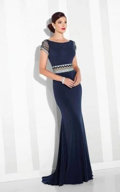 Mon Cheri - Patterned Beaded Illusion Sheath Evening Dress 117624 - 1 Pc Navy In Sizes 10 Available