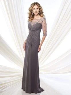 Mon Cheri Ruched Center Beaded Dress In Pewter 215902
