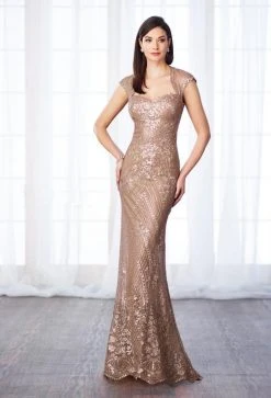 Mon Cheri Sequined Queen Anne Sheath Gown 217632