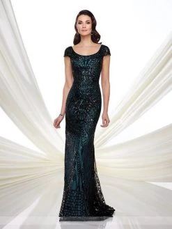 Mon Cheri Sequined Scoop Neck Dress In Black/Teal 216972
