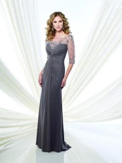 Mon Cheri Sheer Elbow Sleeves Ruched Gown 215902