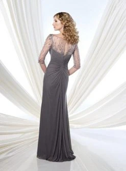 Mon Cheri Sheer Elbow Sleeves Ruched Gown 215902