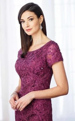 Mon Cheri Short Sleeve Jeweled Lace Sheath Gown 217637 - 1 Pc Dark Raspberry In Size 6 Available