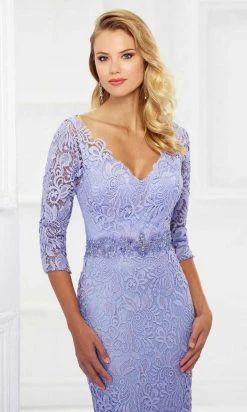 Montage By Mon Cheri - 118968 V-Neck Lace Gown With Detachable Sleeves