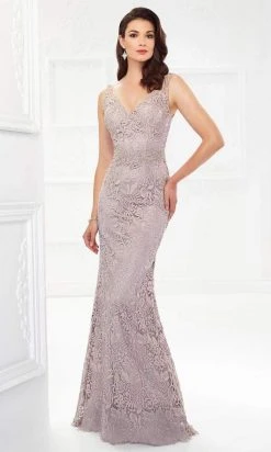 Montage By Mon Cheri - 118968 V-Neck Lace Gown With Detachable Sleeves
