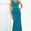 Montage By Mon Cheri - 118968 V-Neck Lace Gown With Detachable Sleeves