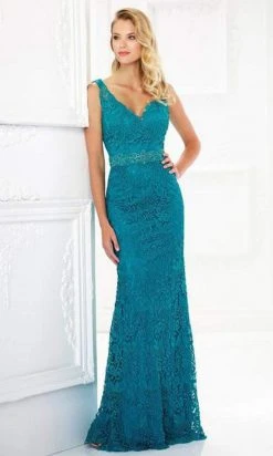 Montage By Mon Cheri - 118968 V-Neck Lace Gown With Detachable Sleeves