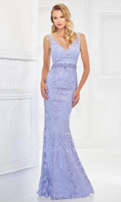 Montage By Mon Cheri - 118968 V-Neck Lace Gown With Detachable Sleeves