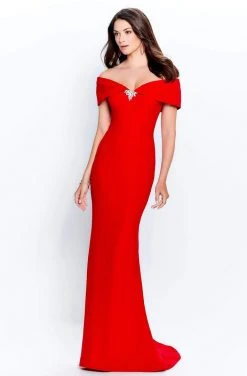 Montage By Mon Cheri - 120905W Off-Shoulder Crepe Sheath Dress