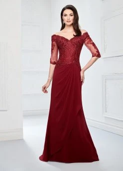 Montage By Mon Cheri - 218905W Sheer Beaded Off-Shoulder Evening Dress