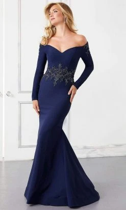 MGNY By Mori Lee Mori Lee - 72308 Off-Shoulder Long Sleeve Jewel Beaded Mermaid Gown