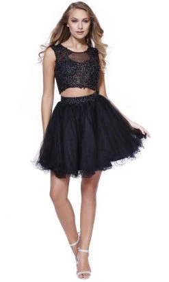 Nox Anabel - Beaded Applique Two-Piece Tulle Dress 6057 - 1 Pc Black In Size S Available