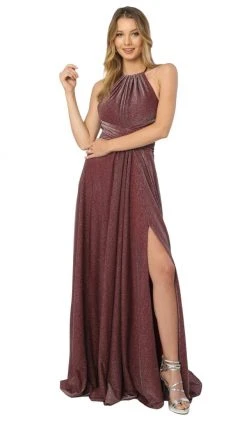 Nox Anabel - E184 Ruched Halter Bodice Metallic High Slit Gown