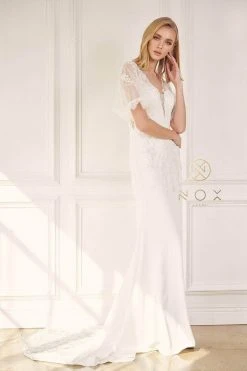 Nox Anabel JE927 - Embroidered Plunging V-neck Wedding Dress