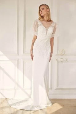 Nox Anabel JE927 - Embroidered Plunging V-neck Wedding Dress