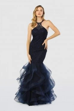 Nox Anabel - M189 Beaded Lace Halter Ruffled Mermaid Dress