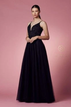 Nox Anabel - R357 Plunging Embroidered Lace Bodice Gown