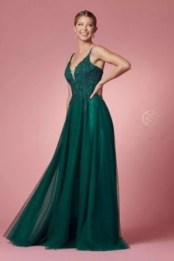 Nox Anabel - R357 Plunging Embroidered Lace Bodice Gown