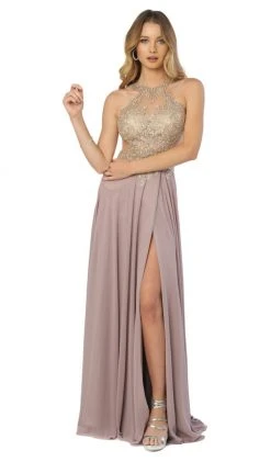 Nox Anabel - S202 Gilded Halter A-line Dress With Slit