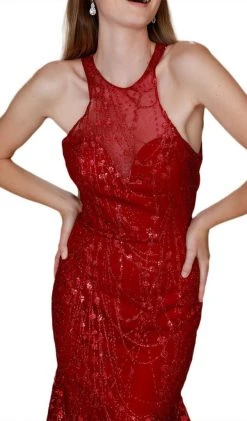 Nox Anabel - T153 Rhinestone Accented Illusion Halter Mermaid Dress