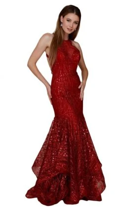 Nox Anabel - T153 Rhinestone Accented Illusion Halter Mermaid Dress