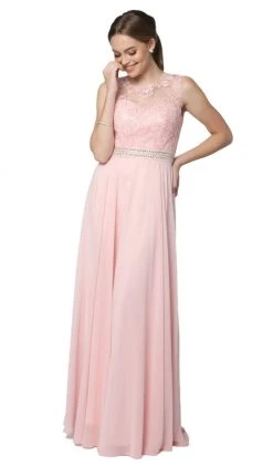 Nox Anabel - Y101P Embroidered Jewel Neck Chiffon A-line Dress