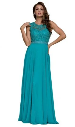 Nox Anabel - Y101P Embroidered Jewel Neck Chiffon A-line Dress