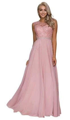 Nox Anabel - Y101P Embroidered Jewel Neck Chiffon A-line Dress