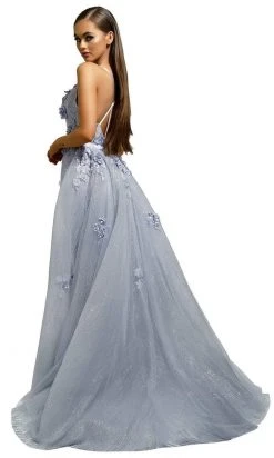 Portia And Scarlett - PS1965S V Neck Floral Appliqued Overskirt Gown